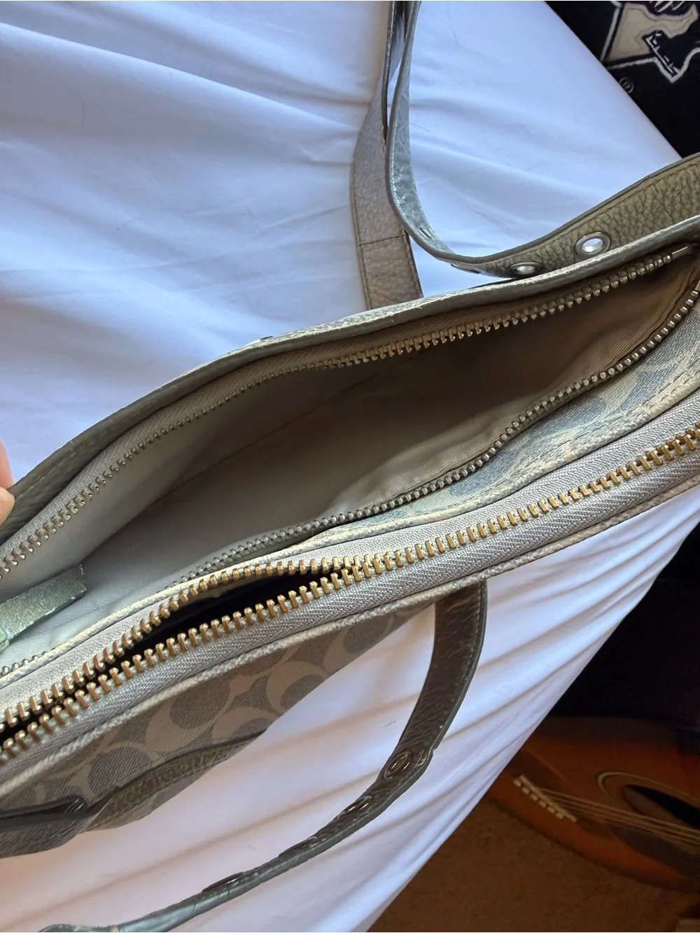 Coach Signature Shoulder Bag in Metallic Light Blue and Cream